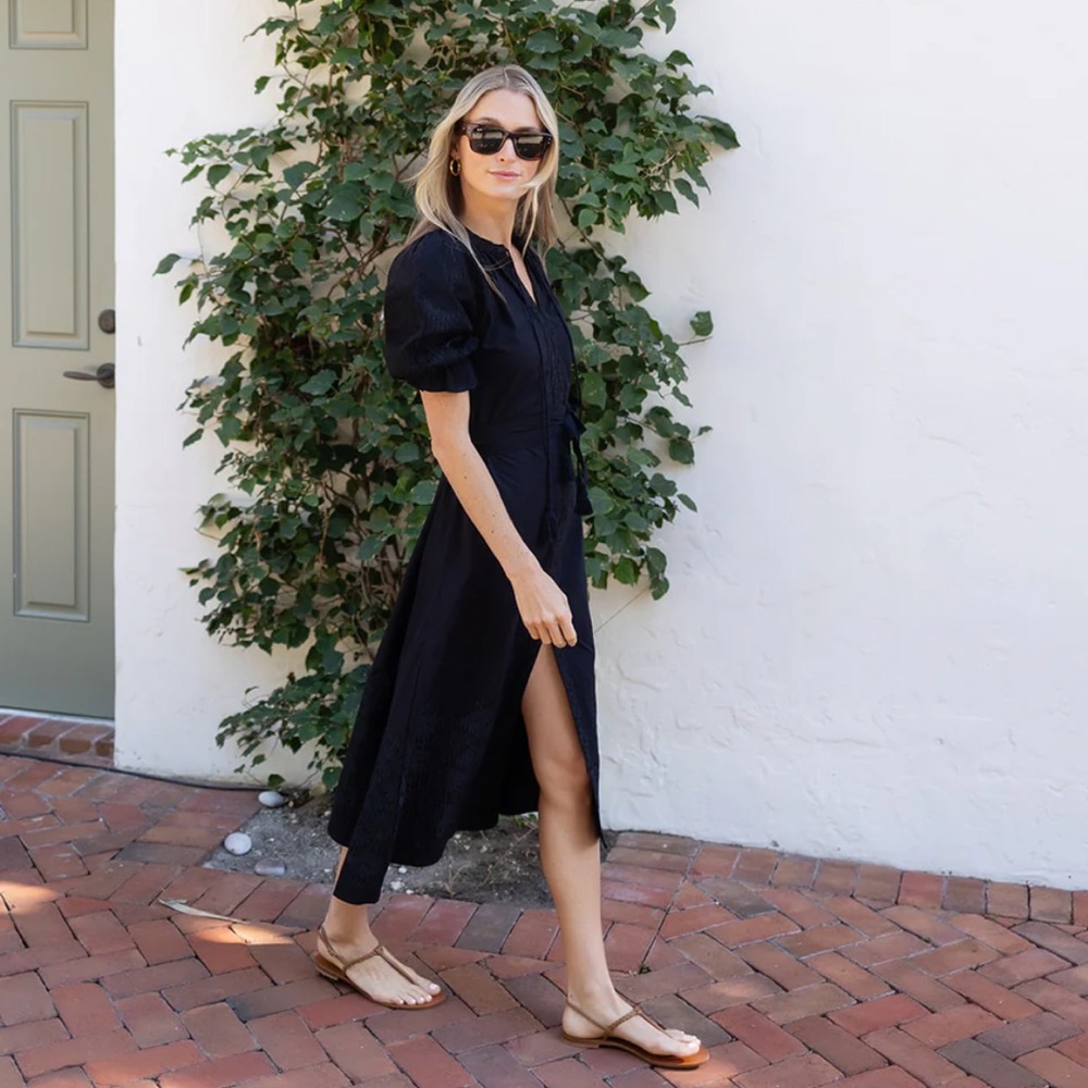 Black Puff Sleeve Midi Sundress with Slit